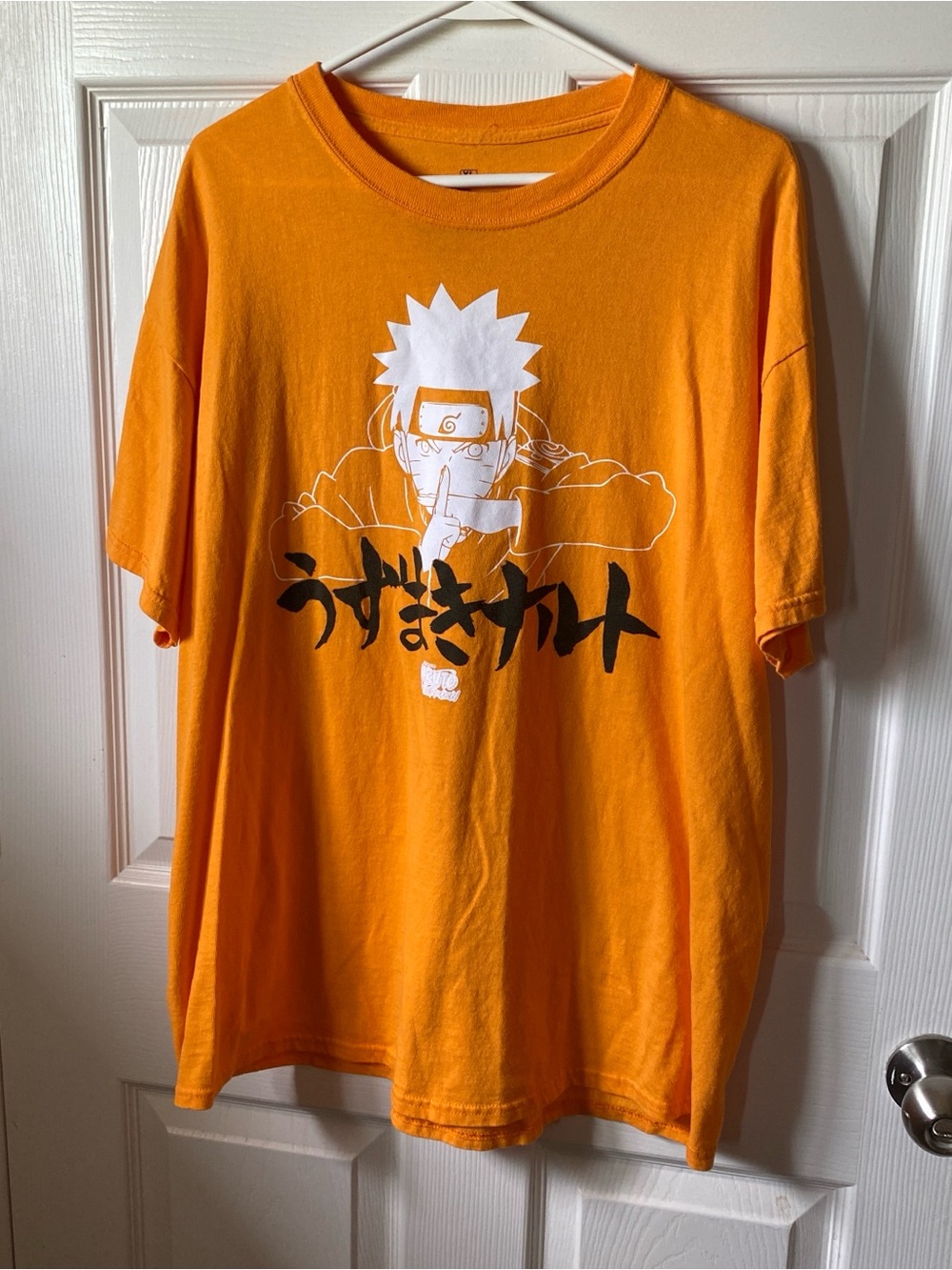 Naruto Anime Shippuden T-Shirt - Orange w/ White Print Cross Finger Pose Sz XL